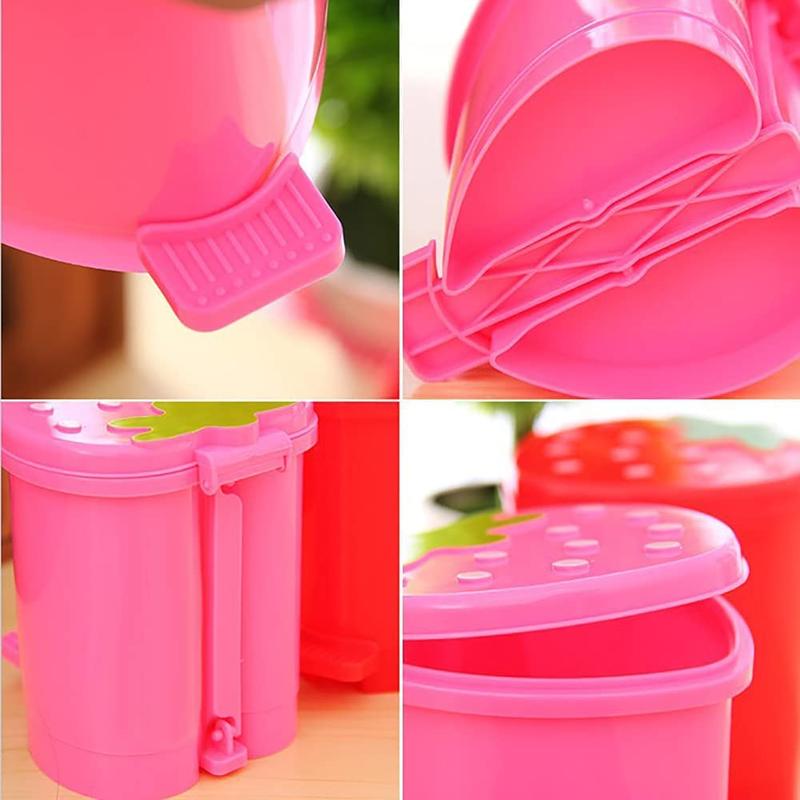 Desktop Trash Can Mini with Swing Lid Cute Pink Strawberry, Mini Countertop Trash Cans for Desk Car Office Kitchen, Tiny Trash Can, Mini Garbage Can Plastic