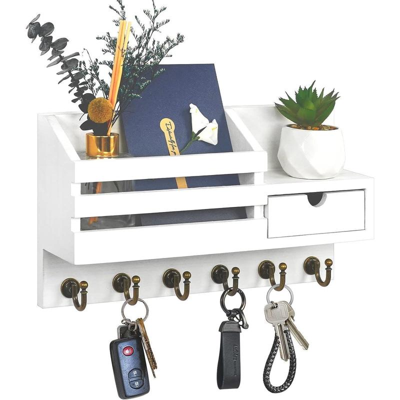 Key and Mail Holder for Wall, Mail Organizer Wall Mount with 6 Hooks and Storage Drawer, Easy Installation Key Rack for Entryway and Home Decor