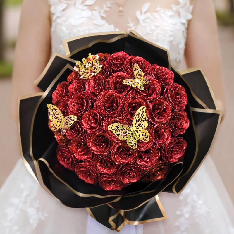 DIY Glitter Roses Bouquet, DIY Fake Glitter Flowers Bouquet, Ornaments, Christmas Glitter Roses Everlasting Shiny Artificial Red Pink Black Blue Purple Rose Bouquet, Anniversary, Engagement, Wedding,Gifts for Women, 24 36 Roses，Black Friday Deal.