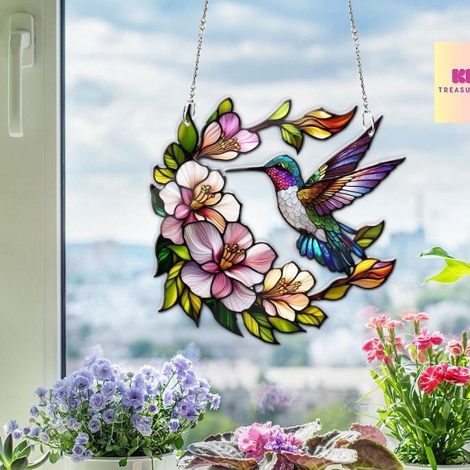 Hummingbird Among Flowers ACRYLIC window hanging, Wall Art, Acrylic Window Hanging, Mother's day gift, Humingbird lovers gift