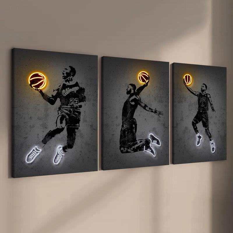 Basketball Player Pattern Canvas Painting with Frame, 3 Counts Basketball Fan Poster Canvas Art, Wall Art Decor for Home Living Room Bedroom Office, Wall Art Painting Room Decor