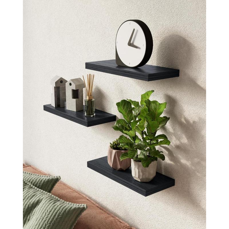 Floating Shelves for Wall, Wall Mounted Rustic Wood Shelves for Bathroom, Bedroom, Living Room, Kitchen, Hanging Shelf for Books Storage Room Decor with 22lbs Capacity (Black, Set of 3, 16in)