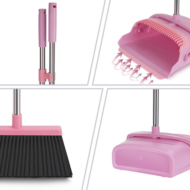 kelamayi broom and dustpan set (pink) with dustpan teeth, a must-have for household use, upright broom + dustpan for indoor and outdoor cleaning