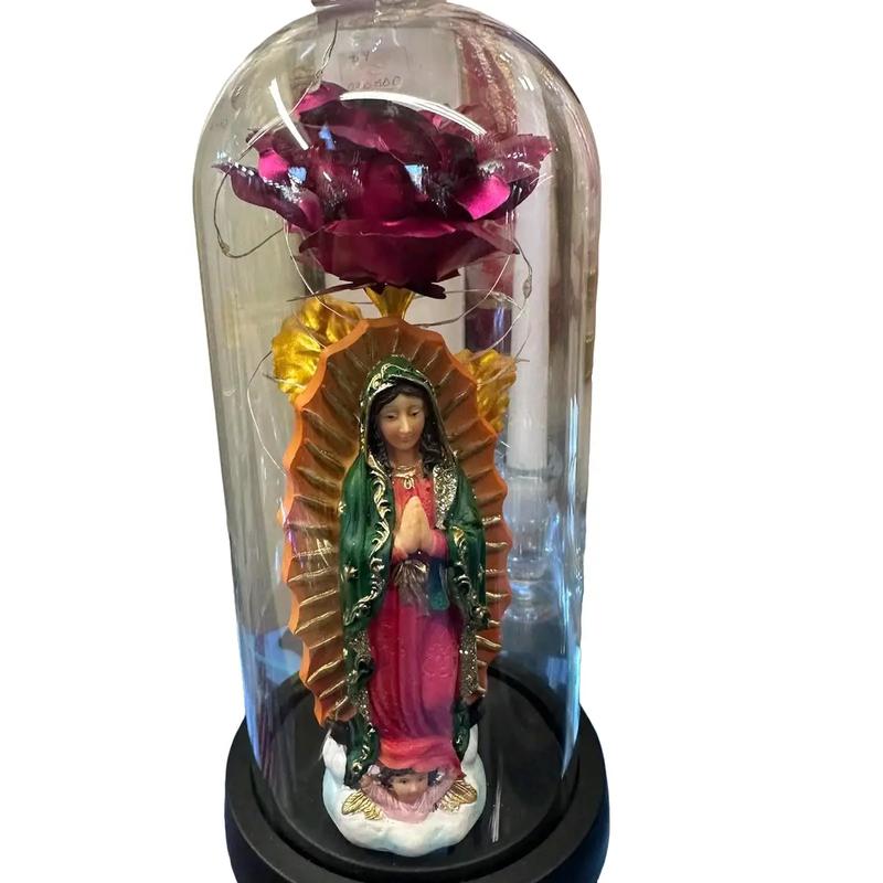 Virgen De Guadalupe Religious Decor with Flores and Light on Plastic Dome