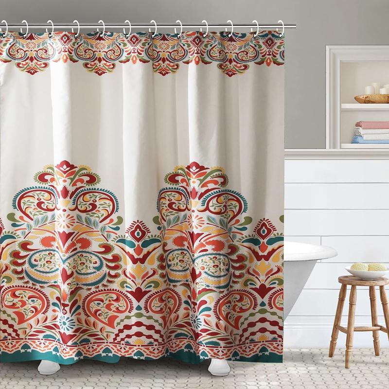 Flower Pattern Waterproof Bath Curtain, Polyester Bohemian Style Bathroom Decorative Curtain, Bathroom Accessories, Bathroom Decor, Home Decor, Bathroom Gadgets 2024, Christmas Decor, Fall Decor, Christmas Gifts, Christmas Decorations