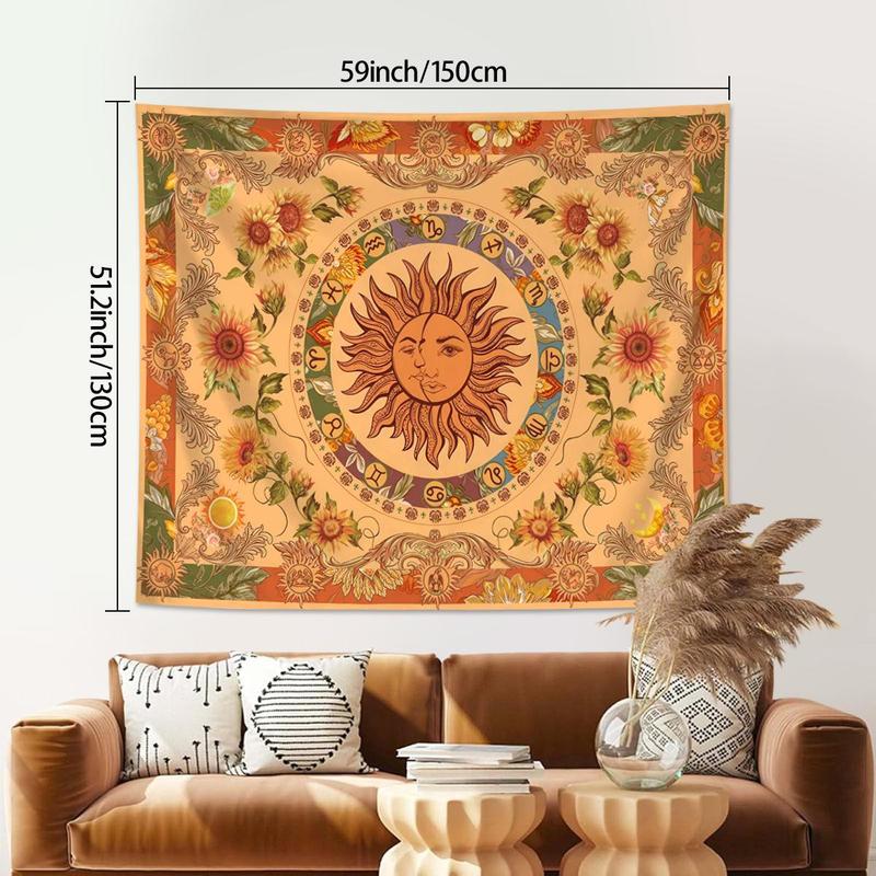 Sun & Moon Pattern Tapestry, 1 Count Retro Ethnic Wave Simia Tapestry,  Aesthetic Wall Hanging for Bedroom Dormitory Living Room Office Decor