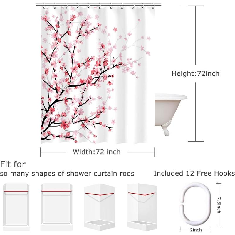 Cherry Blossom Bathroom Curtain with 12 Hooks, Pink Floral Shower Curtain Fabric Sakura Bath Curtain, Flower Shower Curtain for Bathroom, Machine Washable, 72