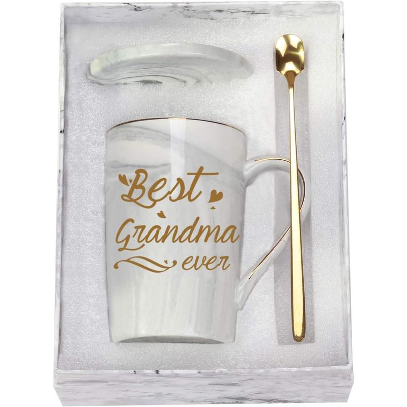 Best Grandma Ever Mug Coffee Gifts Birthday Mothers Day for from Granddaughter Grandson Grandchildren Grandkids 14 Ounce Gift Box with Spoon and Mat Gray