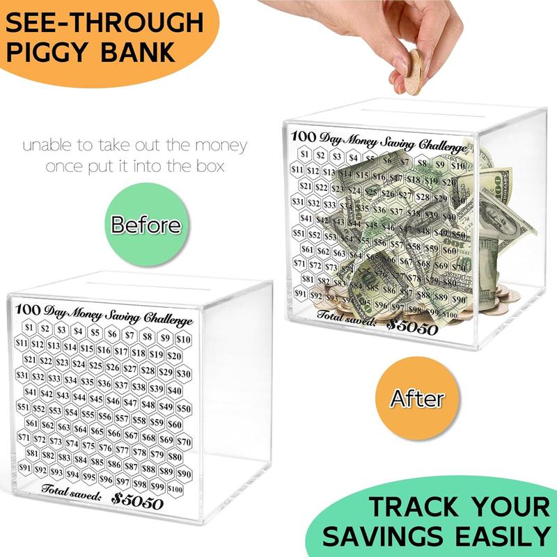 Adult Money Box, Indestructible Money Box, Clear Acrylic Money Box, 100 Day Cash Coins Money Saving Challenge Box, Must Break to Open, Easy and Fun Way to Save $5,050