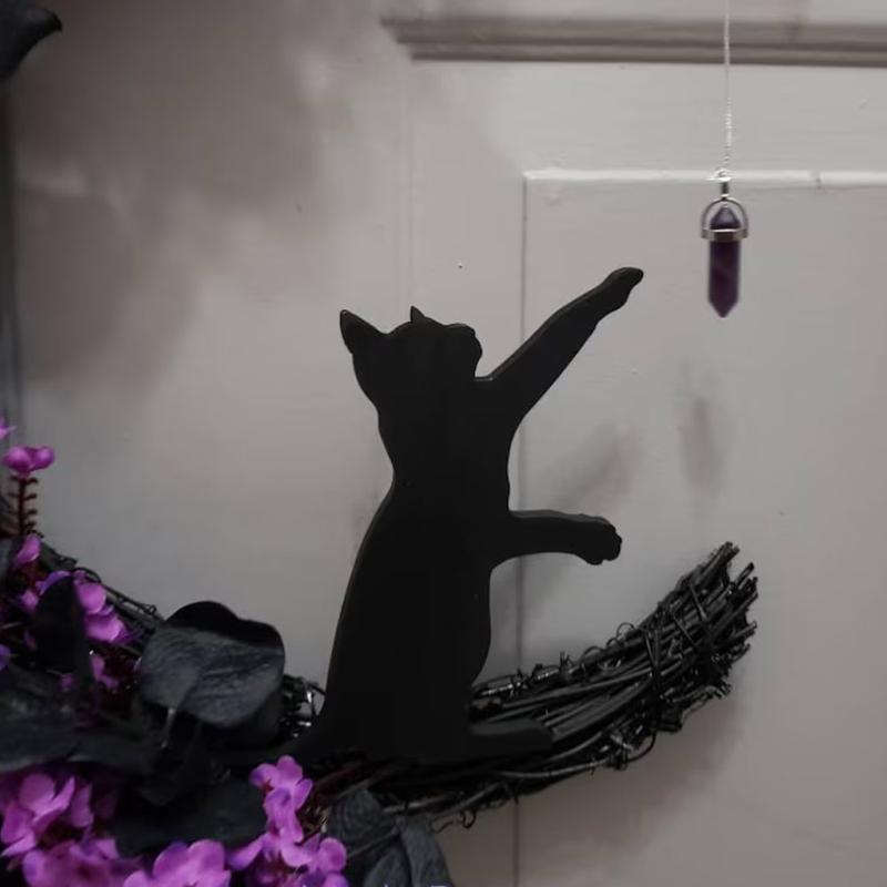 Cat Moon Wreath With Lights - Gothic Purple Decor with Crystal Accent & Black Cat, Black Cat Decor, Crystal Moon Wreath, Wooden Door Hanger, Fairy, Witchy Wall Decor