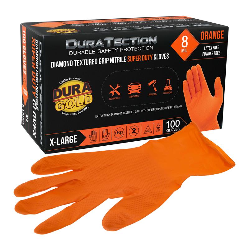 Duratection 8 Mil Orange Super Duty Diamond Textured Nitrile Disposable Gloves, Box of 100, X-Large - Latex Free, Powder Free, Food Safe, Safety Protection Work Gloves