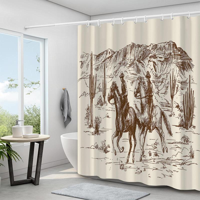 Western Cowboy Pattern Shower Curtain, 1 Count Horse Print Waterproof Shower Curtain with 12pcs Hooks, Decorative Bathroom Accessories for Home Salon Dormitory Hotel