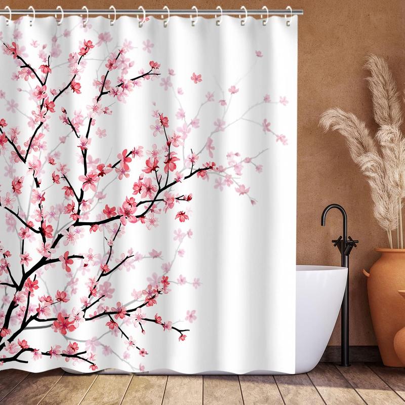 Cherry Blossom Bathroom Curtain with 12 Hooks, Pink Floral Shower Curtain Fabric Sakura Bath Curtain, Flower Shower Curtain for Bathroom, Machine Washable, 72