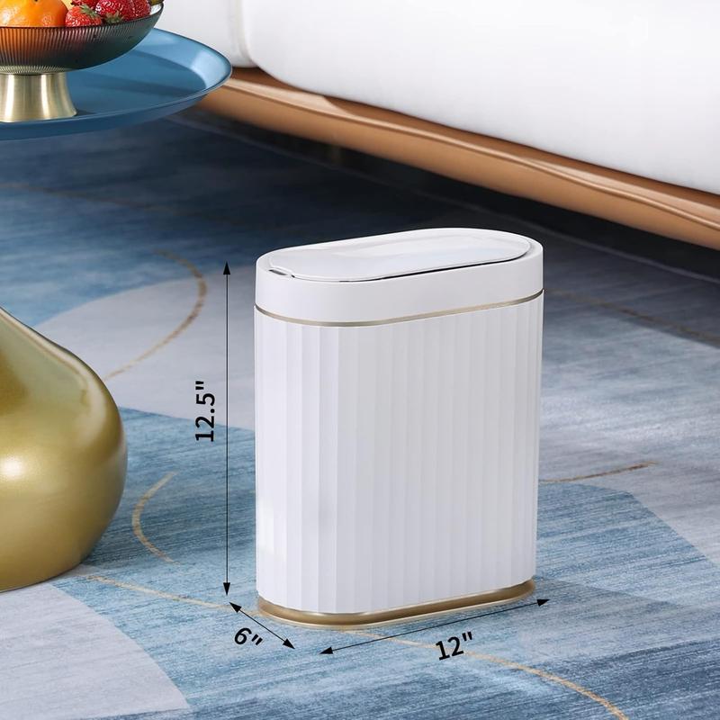 ELPHECO Automatic Motion Sensor Trash Can - 2 Gallon Slimline for Bathroom, Bedroom, Kitchen, Office - White with Gold Trim