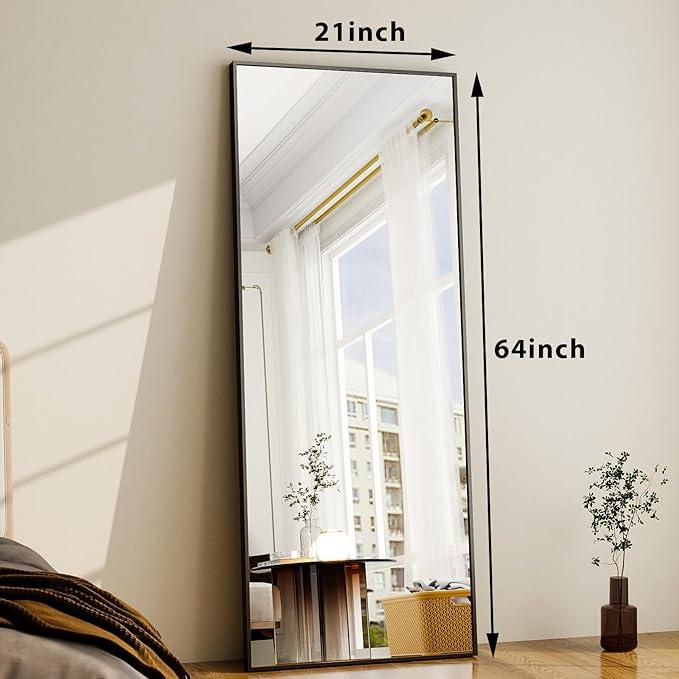 21 in. W x64 in. H Rectangular Full Length Mirror  Home DecorFull Length Mirror Standing Hanging or Leaning Against Wall, Large, Rectangle, Bedroom Wall-Mounted   Floor Dressing Mirror, Aluminum Alloy Thin Frame, Black, 64