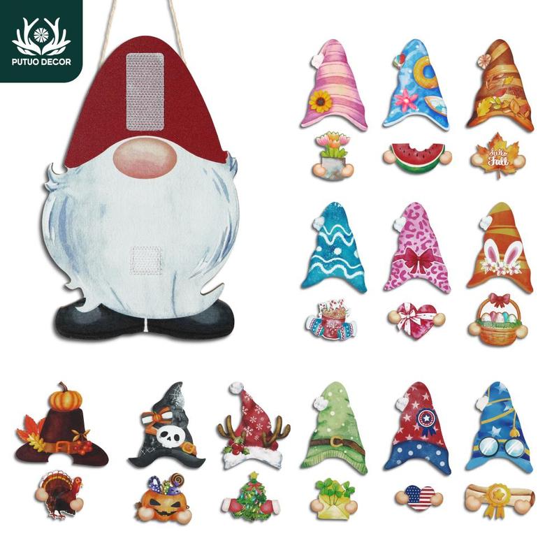 Gnome Shaped Wooden Hanging Plaque, 1 Pack Including 1 Plaque and 12 Sets Changeable Velcro Icons, Rustic Wooden Decoration for Home Porch Office Cafe