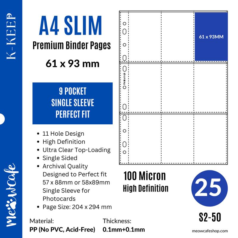 K-KEEP [A4 SLIM] -  9 Pocket (61x93mm) For Perfect Fit (59.5x91 58x89 mm) Sleeve  - 11 Holes Premium Binder Pages, 100 Micron Thick, High Definition (Pack of 25) - (S2-50)