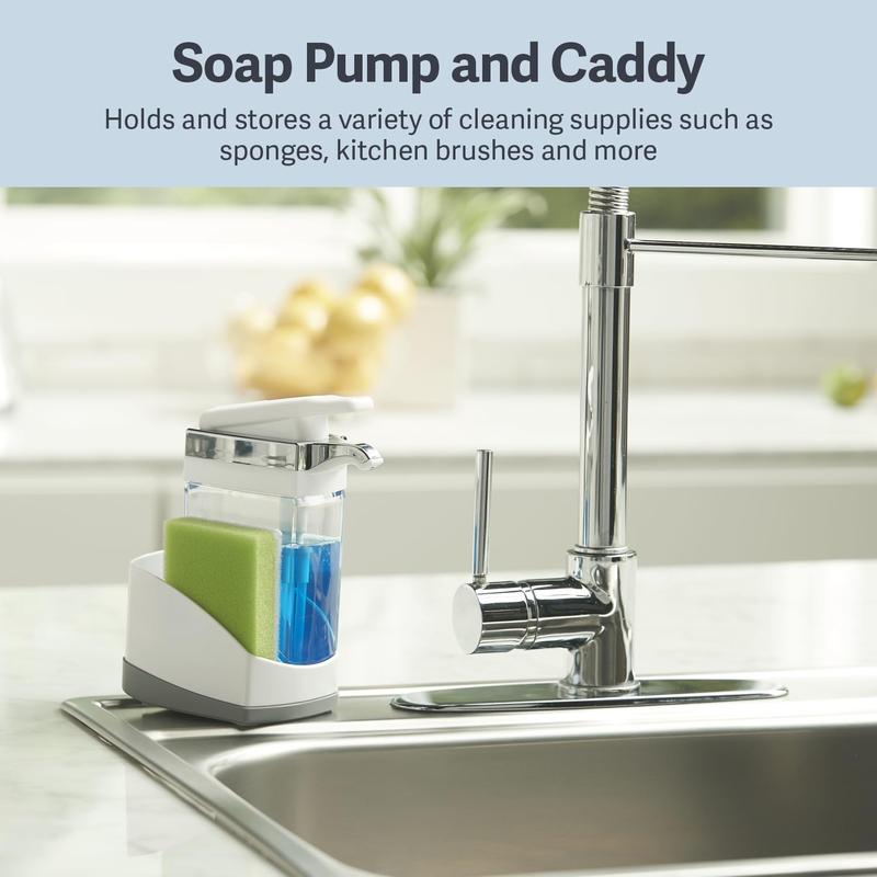 Soap Pump and Sponge Caddy for Kitchen Sinks, Kitchen Sink Organizer Sponge Caddy and Soap Pump Combo, White Chrome