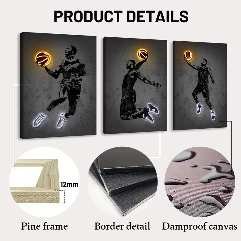 Basketball Player Pattern Canvas Painting with Frame, 3 Counts Basketball Fan Poster Canvas Art, Wall Art Decor for Home Living Room Bedroom Office, Wall Art Painting Room Decor