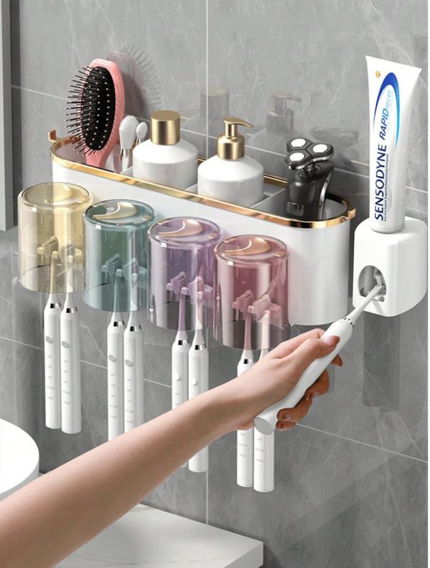 1 Set Toothbrush Holder With 2 Or 3 Or 4 Cups And Toothpaste Squeezer, Creative Bathroom Wall-Mounted Organizer For Brushing Teeth And Storage.The Color Of The Cup (Gray, Blue, Purple, Pink, Yellow) Is Random