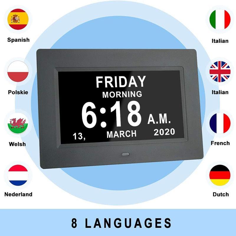 7 Inch Digital Calendar Clock, 1 Count Multi-language Large Day and Month Date Clock for Elderly with Auto-dimming