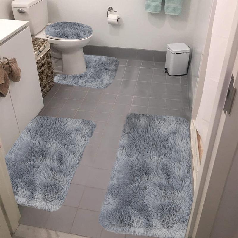 4PC Bathroom Rug Set U-Shaped Contour Rug, Mat Toilet Lid Cover,Water Absorbent Soft Microfiber Shaggy Bathroom Mat,for Tub, Shower, Bath Room,Machine Washable absorbent bath indoor mat non-slip Rectangle Diatomite bath  mats fluffy bath towel area rug