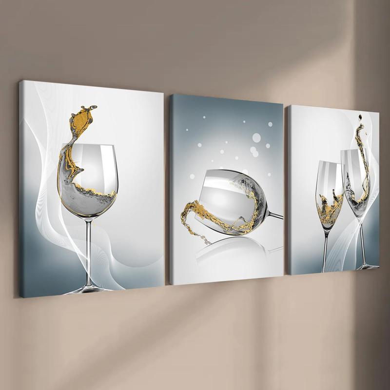 Wooden Framed Canvas Painting, 3 Counts Wine Glass Pattern Wall Art, Modern Art, Perfect Living Room Decor, Home Decoration Poster