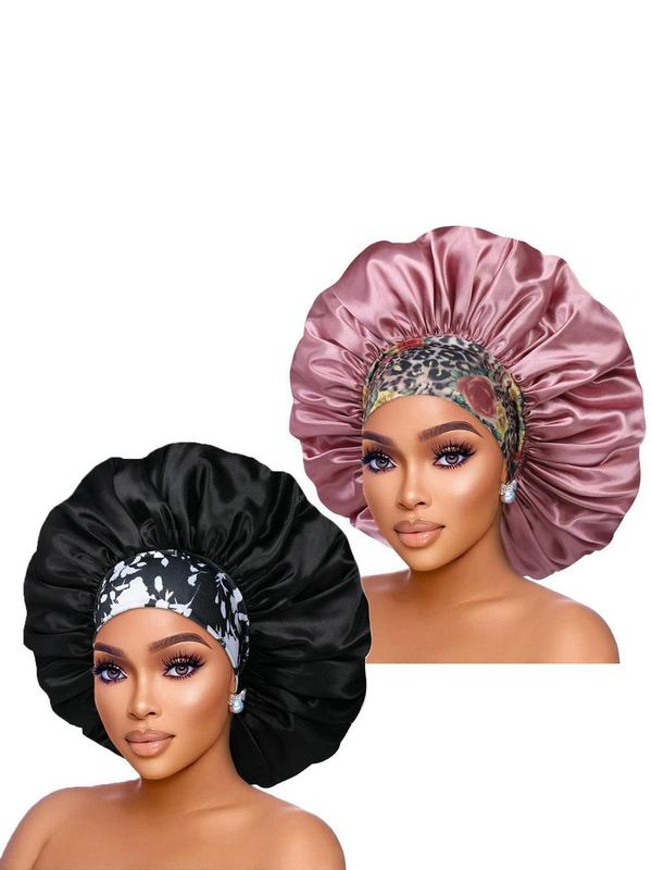 Women's Elegant Leopard & Flower Graphic Hair Bonnets, 2pcs set Trendy Soft Comfort Sleeping Bonnets, Stylish All-match Accessories for Women & Girls