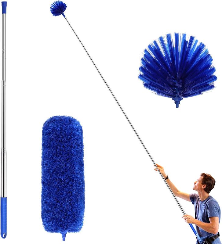 Extendable Ceiling Fan Duster with Cobweb & Corner Brushes – Lightweight Aluminum Pole (15-100 Inches), Washable, Blue