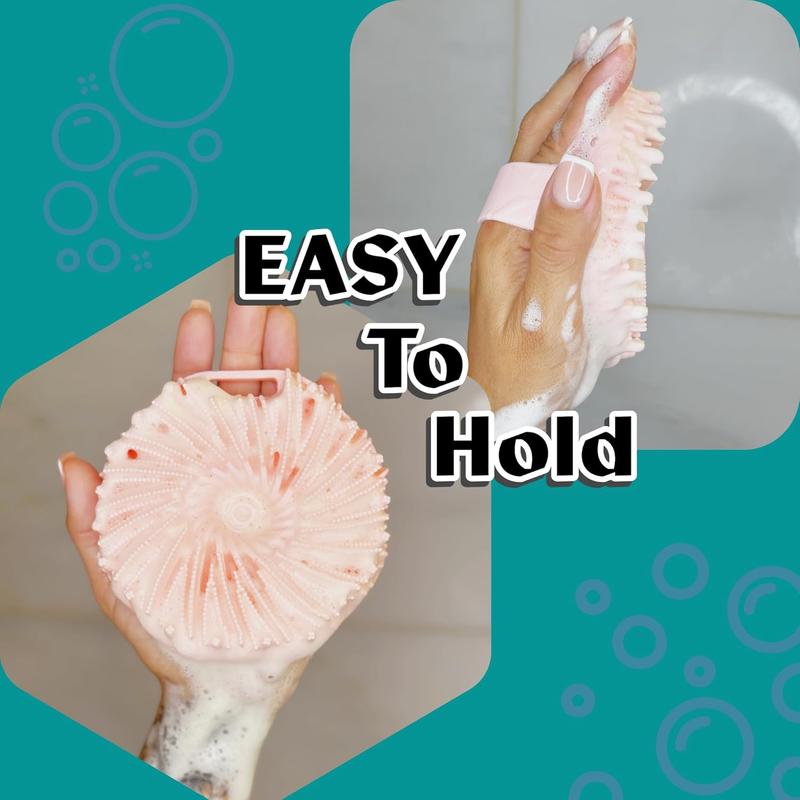 Silicone Body Scrubber for Head and Body, Cleaning & Exfoliating for Sensitive Skin - with No-Slip Handle Strap - 1-Pack, Pink Bath Personal