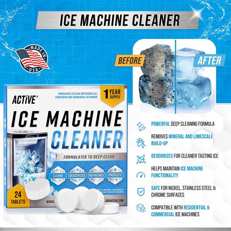 Ice Machine Cleaner Maker Descaler - 24 ACTIVE Clean Tablets Compatible with Frigidaire, Opal, GE Profile, Kitchenaid, Nickel Safe Scale Remover for Countertop, Nugget Ice Makers - Bulk 1 Year Supply  Key Product Feature