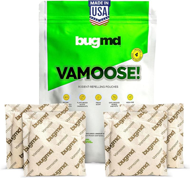 BugMD Vamoose Rodent Repellent Pouches (1 Pack, 4 Pouches) – Plant-Powered Rat Repellent, Mouse Deterrent, Indoor & Outdoor Mice Repellent, Best Mouse Repellent, Natural Rat & Mouse Repellent