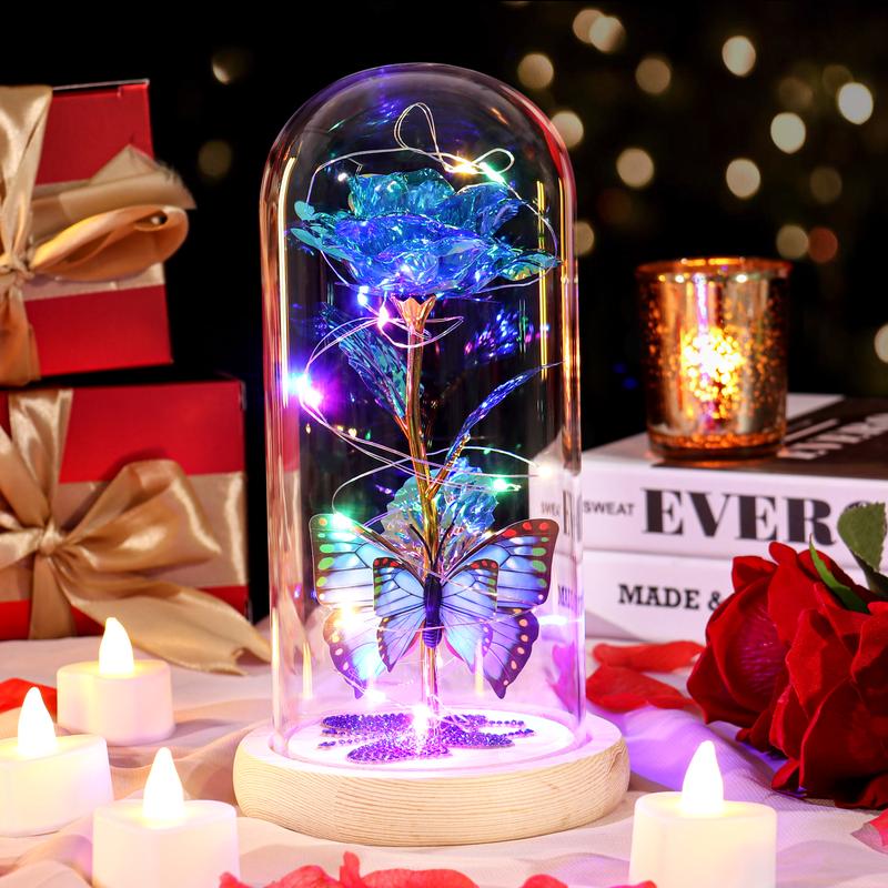 DEEMEI Birthday Gifts for Women Eternal Flower Light Up Rose in Glass Dome with Butterfly, Christmas Valentine's Anniversary for Her Mom Girlfriend