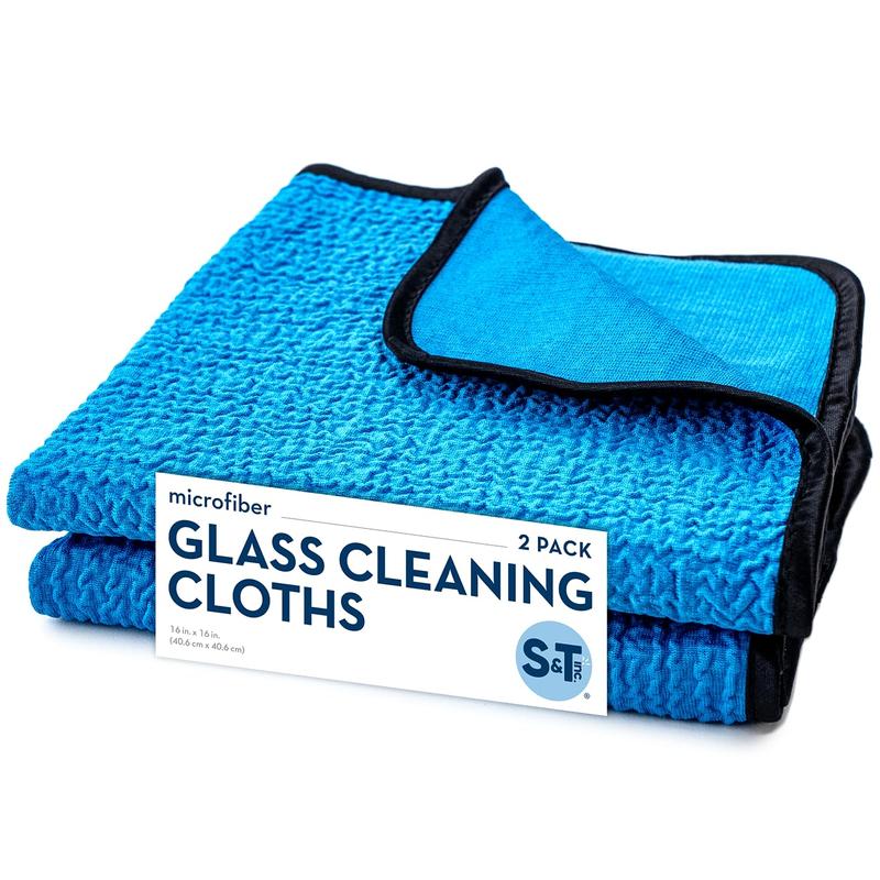 S&T INC. Glass Microfiber Cleaning Cloth for Home or Car, Glass Towels for Mirror, Picture Frames, and Car Detailing Kit, 16 Inch x 16 Inch, Blue, 2 Pack