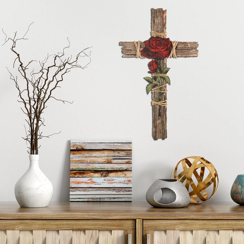 Cross Decoration Wood Cross Wall Cross with Hemp Rope Rose Wall Mounted Holy Cross Prayer Cross Wooden Wall Cross Religious Decor for Home Decoration, Gift for Christian, Christmas Gift