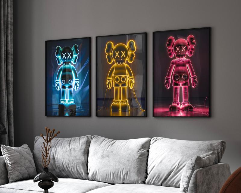 Hypebeast Neon Poster,set of 3,Printable Neon KAWS,Graffiti Poster,Hypebeast Toys,Hypebeast Sneaker, Sneaker Prints Decor Room Glossy Wall