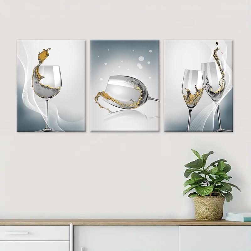 Wooden Framed Canvas Painting, 3 Counts Wine Glass Pattern Wall Art, Modern Art, Perfect Living Room Decor, Home Decoration Poster