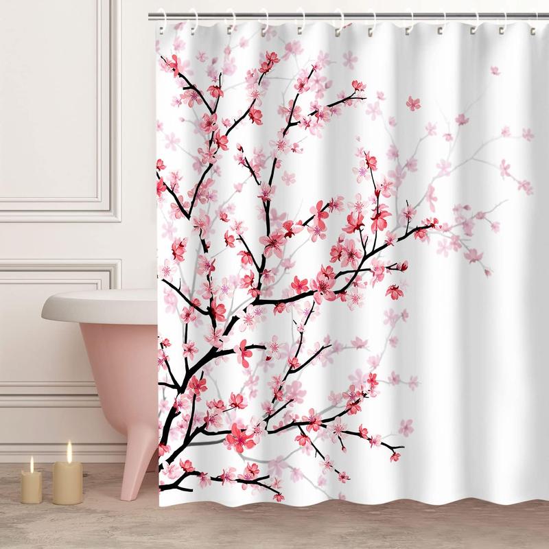 Cherry Blossom Bathroom Curtain with 12 Hooks, Pink Floral Shower Curtain Fabric Sakura Bath Curtain, Flower Shower Curtain for Bathroom, Machine Washable, 72