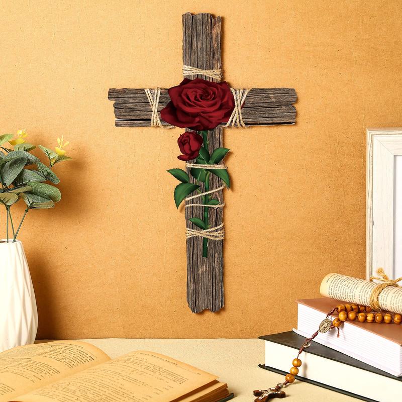 Cross Decoration Wood Cross Wall Cross with Hemp Rope Rose Wall Mounted Holy Cross Prayer Cross Wooden Wall Cross Religious Decor for Home Decoration, Gift for Christian, Christmas Gift