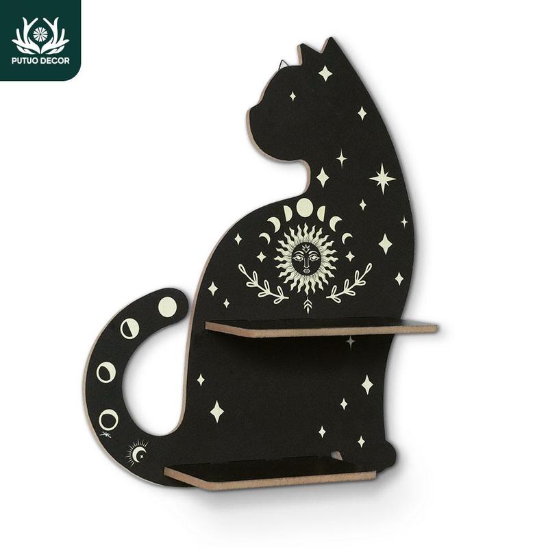 Cat Shaped Wall Mounted Storage Display Rack, 1 Count Wooden Wall Candle Holder, Creative Wooden Craft Wall Decor, Home Decor, Putuo Decor