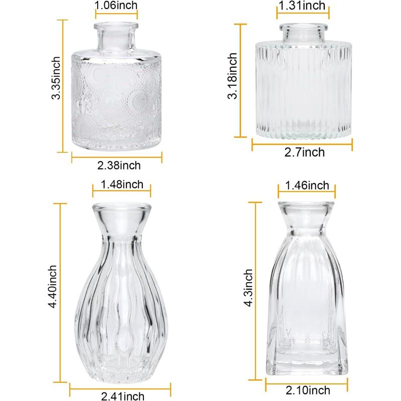 Glass Bud Vases Set of 4,Small Flower Vases for Wedding Centerpack Table Decorations,Clear Vintage Embossed Mini Vases,Flower Arrangements in Vases for Party or Home Decor