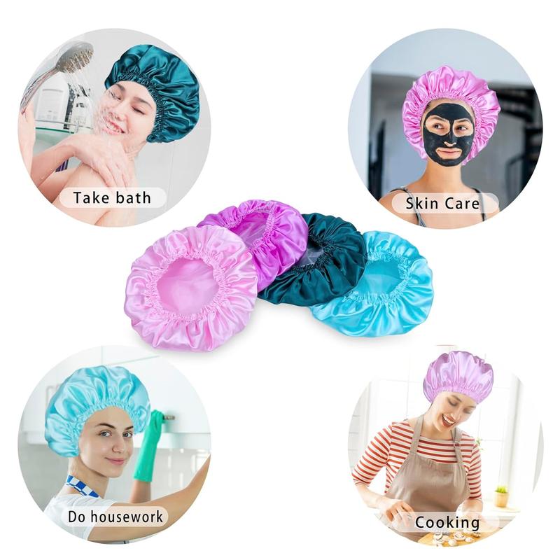 Shower Caps for Women, 4 Count Elastic and Reusable Bath Caps, Double Waterproof Layers Shower Cap, Bathing Shower Caps, Environmental Protection Hair Bath Hat - Solid Color