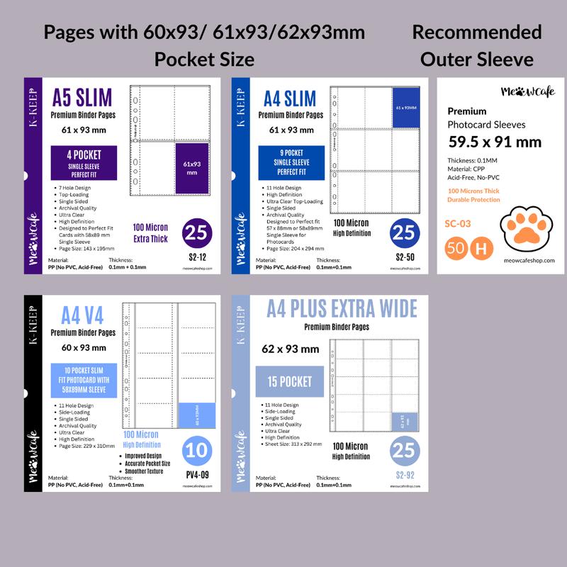 K-KEEP [A5 Slim] 4 Pocket - 61x93mm Single-Sided 7 Holes Premium Binder Pages, For 59.5x91mm Outer Sleeve Perfect Fit, 100 Micron Thick, High Definition (Pack Of 25) S2-12