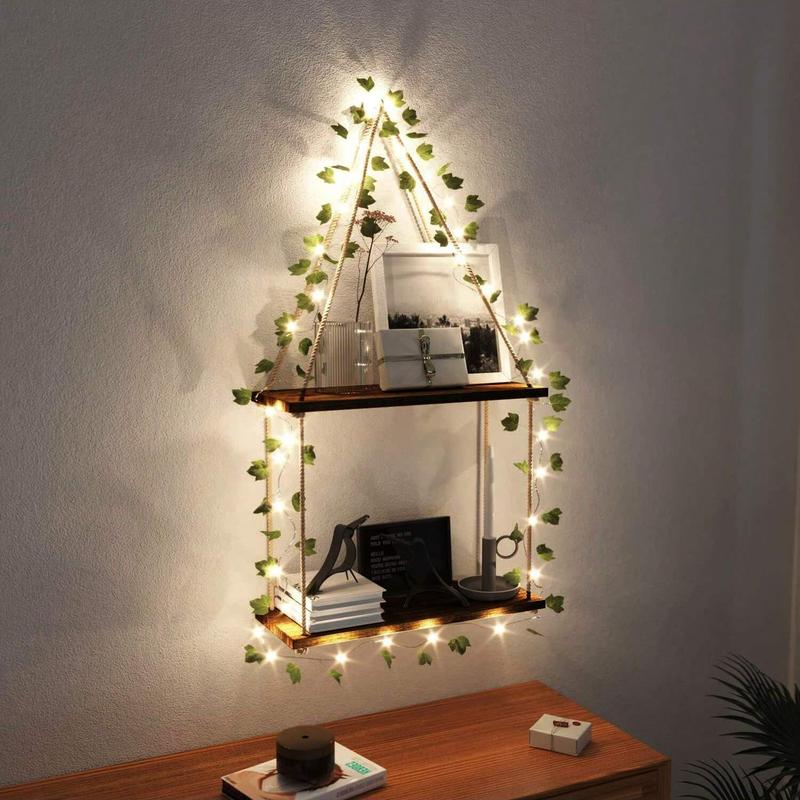 1pc Artificial Ivy LED-Strip Wall Hanging Shelves , Room Decor Aesthetic, Macrame Wood Shelf For Bedroom Bathroom Living Room, Multicolor Wooden