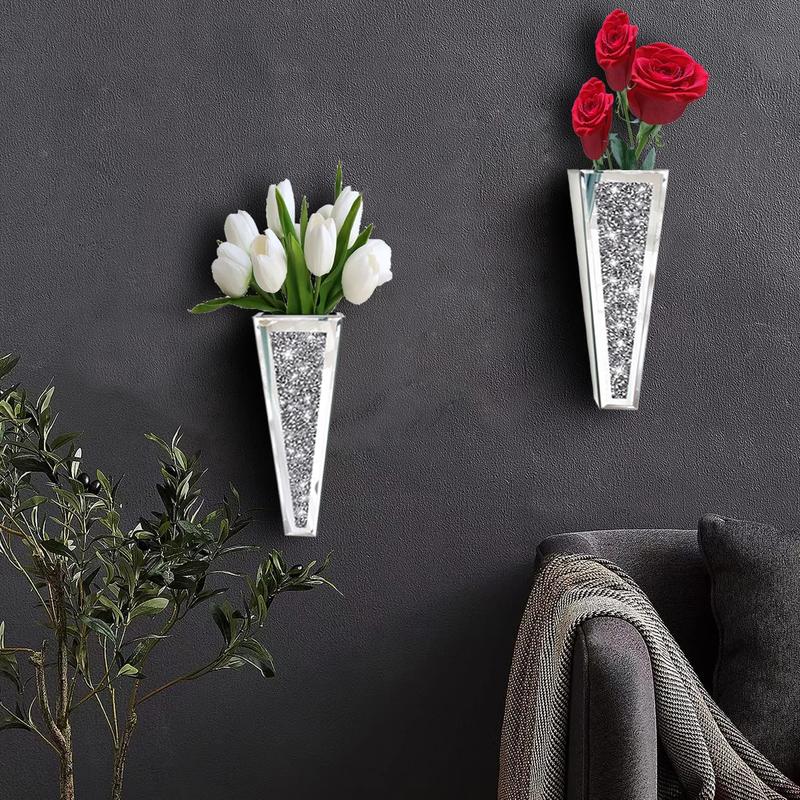 2 Pcs  Flower Vase Crushed Diamond Mirrored Hanging Planter& Geometric Decor Mirrored Container, Silver Decorative Mirror Vase Gift Glass Wood Ornaments