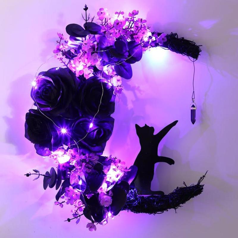 Cat Moon Wreath With Lights - Gothic Purple Decor with Crystal Accent & Black Cat, Black Cat Decor, Crystal Moon Wreath, Wooden Door Hanger, Fairy, Witchy Wall Decor