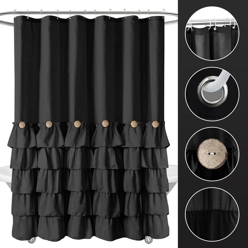 Black Ruffle Shower Curtain Farmhouse Style Black Fabric Shower Curtain Nature Button Shabby Chic Ruffles and French Country Style 72×72 (Black)