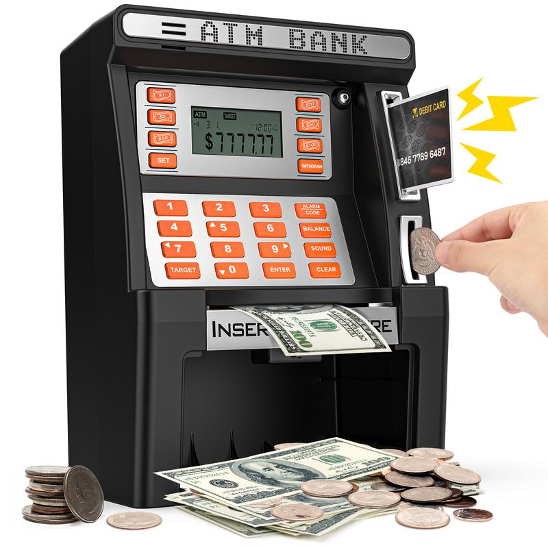 ATM Piggy Bank for Kids for Real Money Safe with Debit Card, Coin Recognition,Bill Feeder,Balance Calculator, Digital Electronic Kids Piggy Bank Boalord for Boys Girls Decor Ornaments