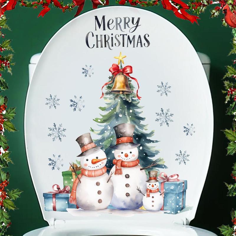 Snowman & Christmas Tree Pattern Toilet Sticker, Self Adhesive Toilet Lid Decal, Bathroom Decoration Supplies, Home Decor