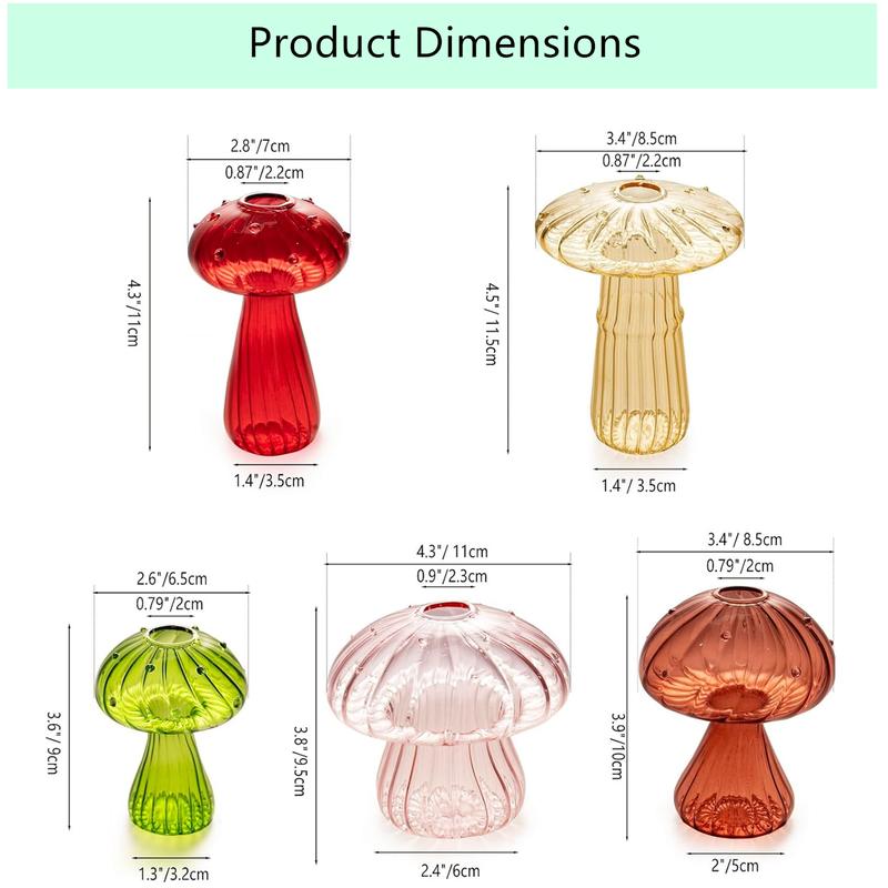 Glass Mushroom Vases for Flowers, Set of 5 Mushroom Vases, Small Plant Propagation Terrariums, Unique Crystal Mushroom Jars, Clear Small Bud Flower Vases, Small Bud Glass Vases for Home Decor, Mini Mushroom Propagation Vases for Home Office Decorations